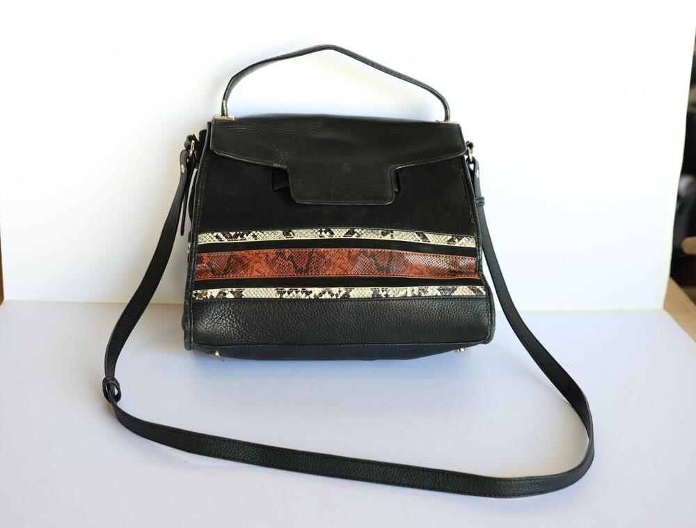Sam Edelman Satchel Bag Womens Medium Black Leather Snake Print Top Handle Purse